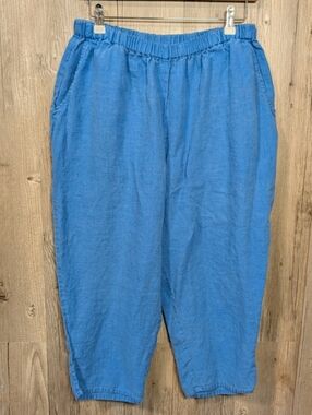 FLAX 100% Linen Wide Leg Flood Pants Blue Medium Made in Lithuania